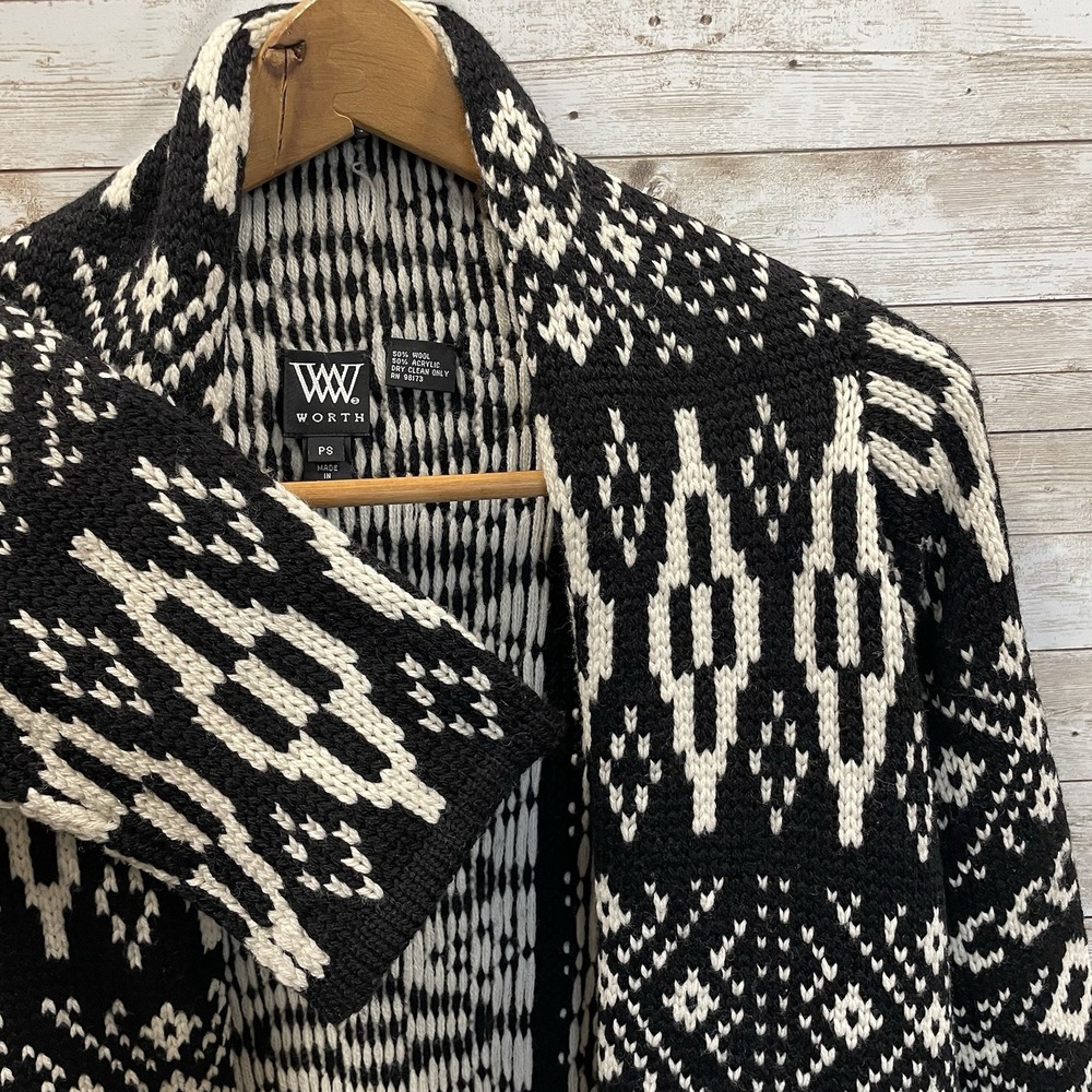 W by Worth Womens PS Cardigan Sweater Wool Blend Open Front Aztec Black & White